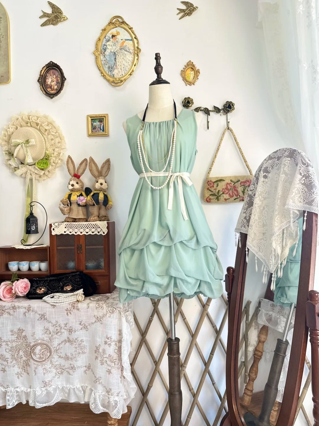amakanas-Mint green vintage short chiffon homecoming dress birthday dress gh5210
