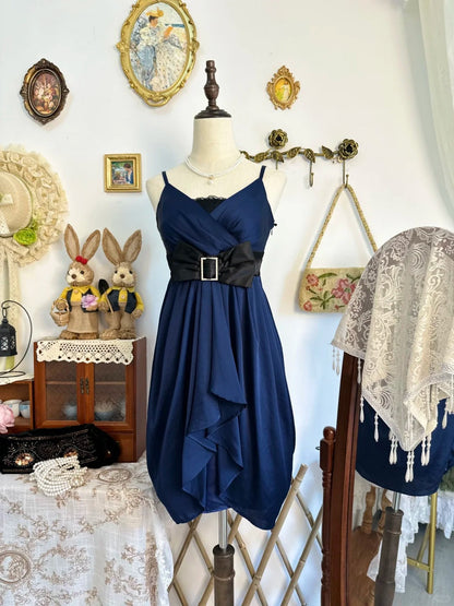 amakanas-Navy blue bow vintage short satin homecoming dress birthday dress gh5221