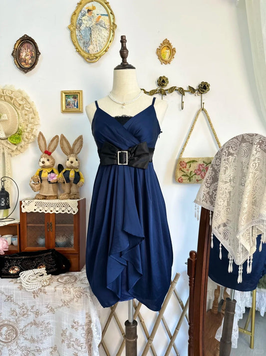 amakanas-Navy blue bow vintage short satin homecoming dress birthday dress gh5221