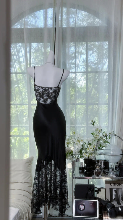 Black shiny vintage exquisite beaded satin lace long homecoming dress prom dress evening dress party dress gh4823