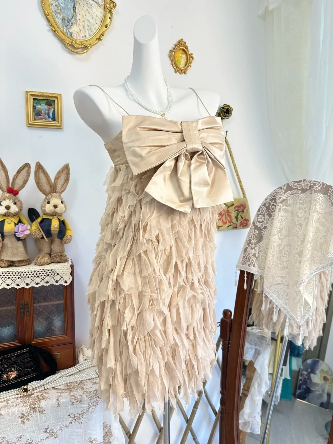 amakanas-Champagne bow vintage short chiffon homecoming dress birthday dress gh5208