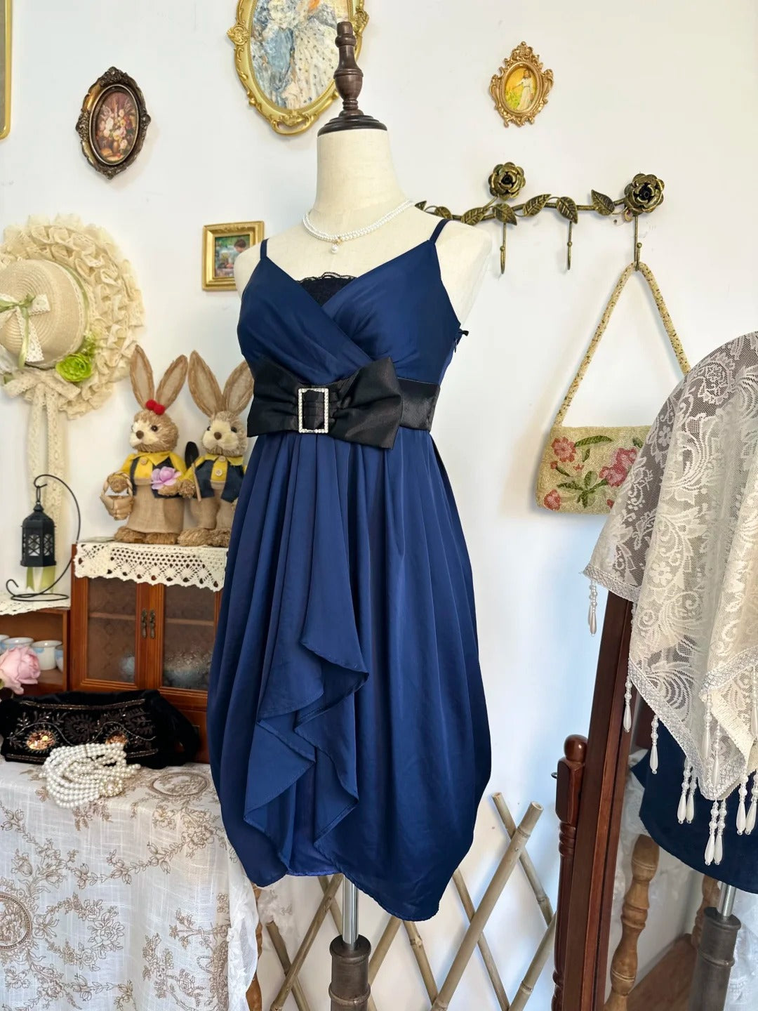 amakanas-Navy blue bow vintage short satin homecoming dress birthday dress gh5221
