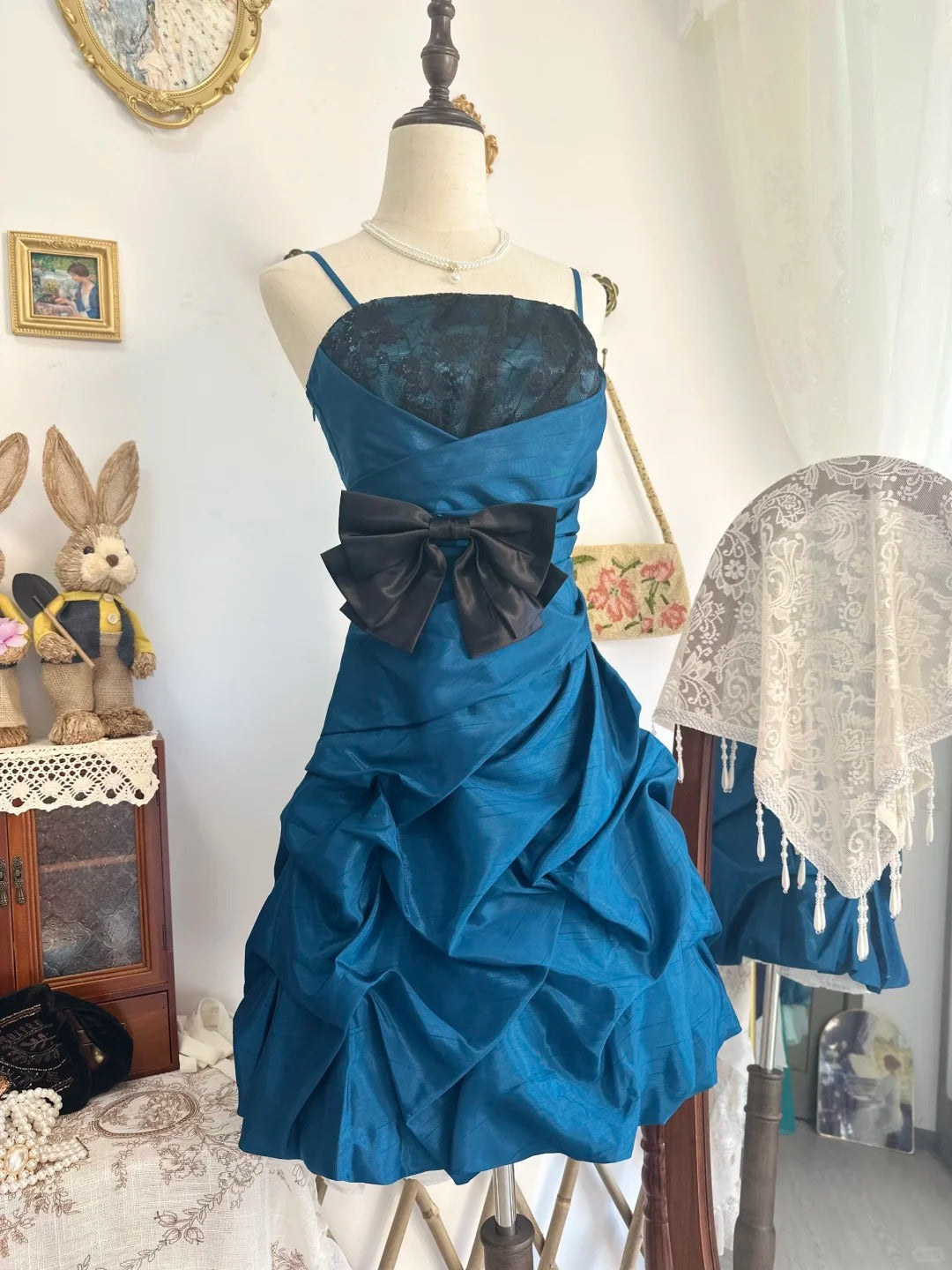 amakanas-Lake blue bud dress vintage short satin homecoming dress birthday dress gh5216