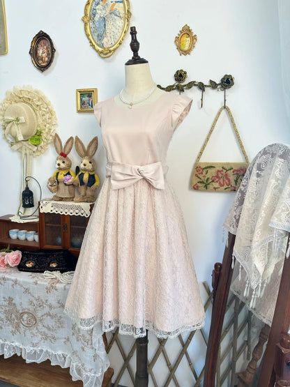 amakanas-Pink lace bow floral vintage short chiffon homecoming dress birthday dress gh5207