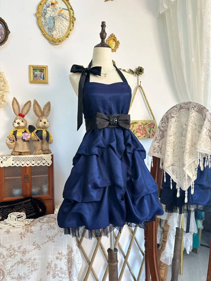 amakanas-Navy blue vintage short chiffon homecoming dress birthday dress gh5218
