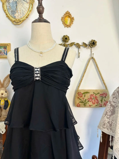 amakanas-Black ruffled vintage short chiffon homecoming dress birthday dress gh5217