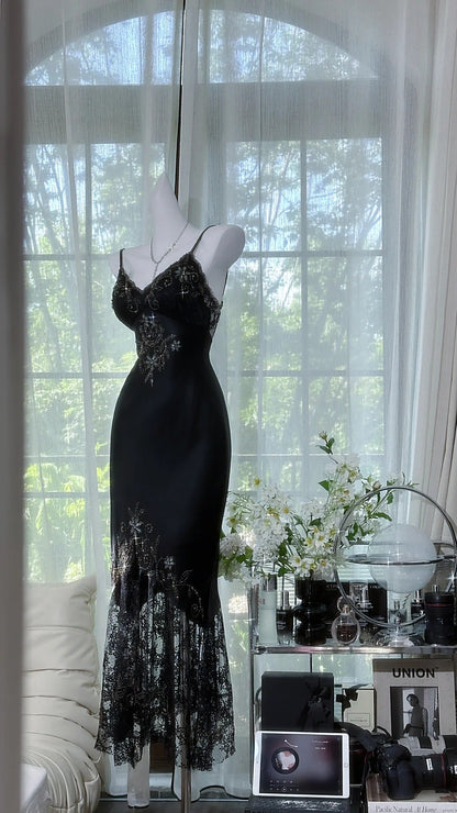 Black shiny vintage exquisite beaded satin lace long homecoming dress prom dress evening dress party dress gh4823