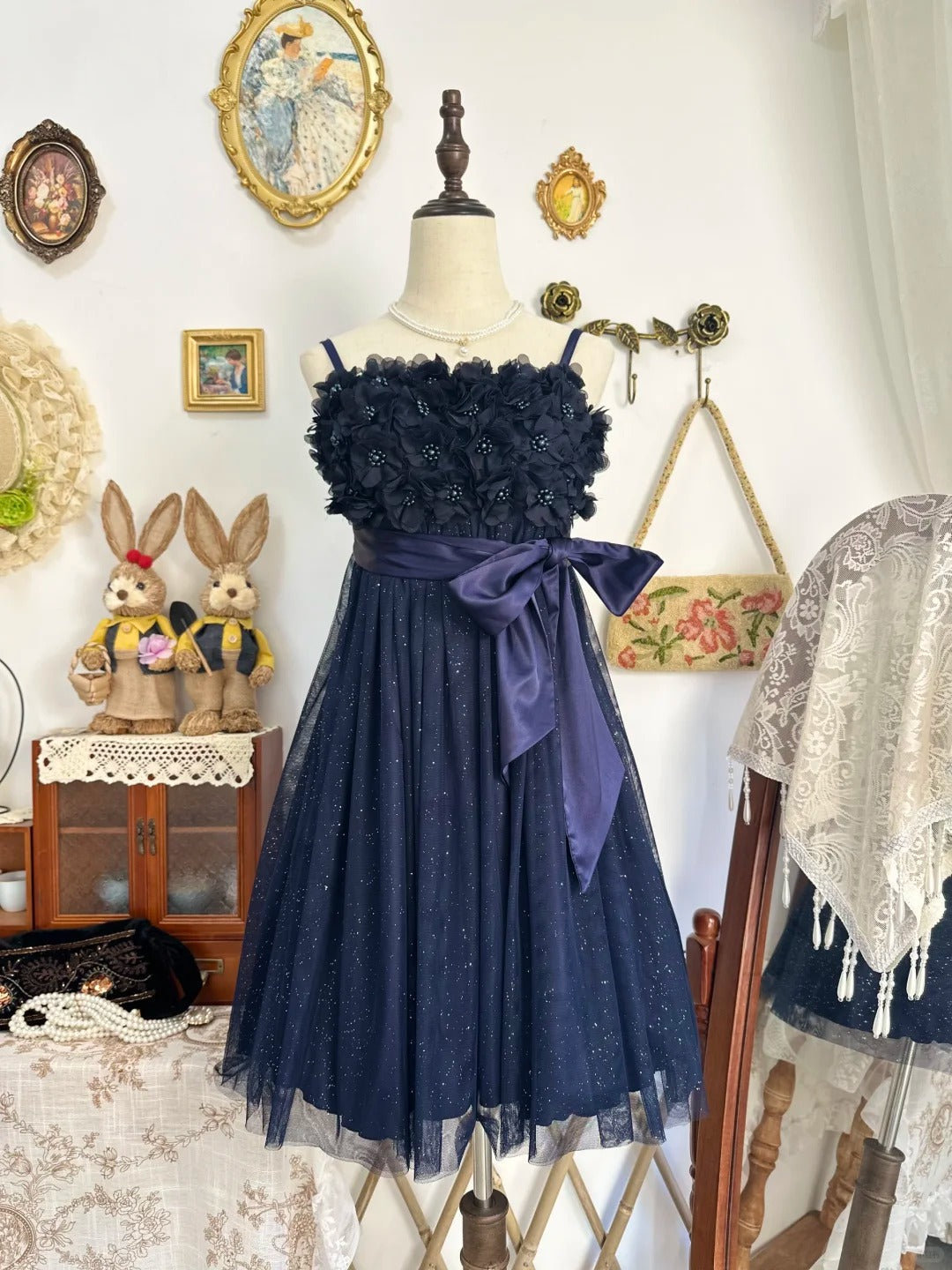amakanas-Navy blue shiny vintage short beaded chiffon homecoming dress birthday dress gh5212