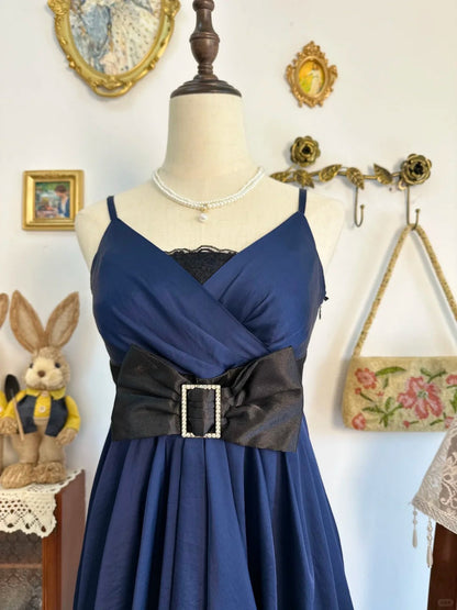 amakanas-Navy blue bow vintage short satin homecoming dress birthday dress gh5221