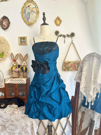 amakanas-Lake blue bud dress vintage short satin homecoming dress birthday dress gh5216