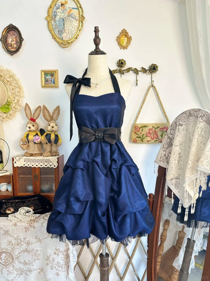 amakanas-Navy blue vintage short chiffon homecoming dress birthday dress gh5218