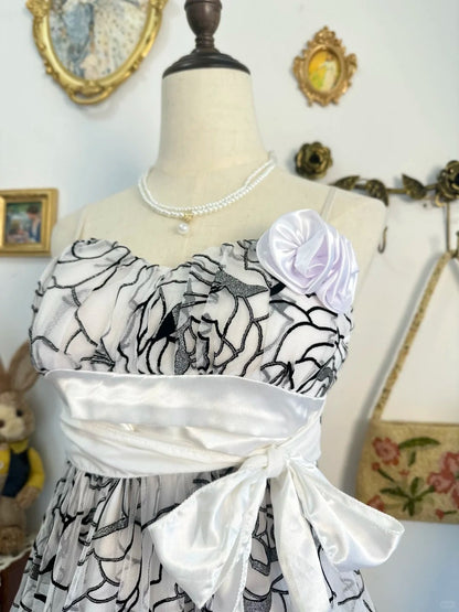 amakanas-Black and white floral vintage short chiffon homecoming dress birthday dress gh5206
