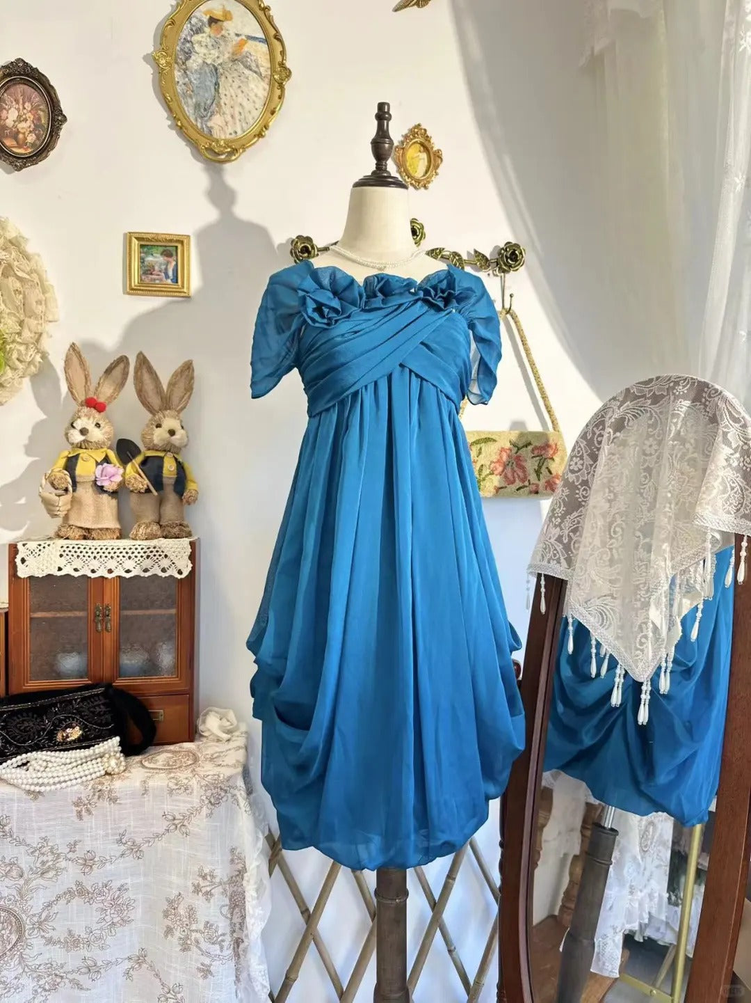 amakanas-New peacock blue vintage bow-knot short chiffon homecoming dress, birthday party dress gh5195