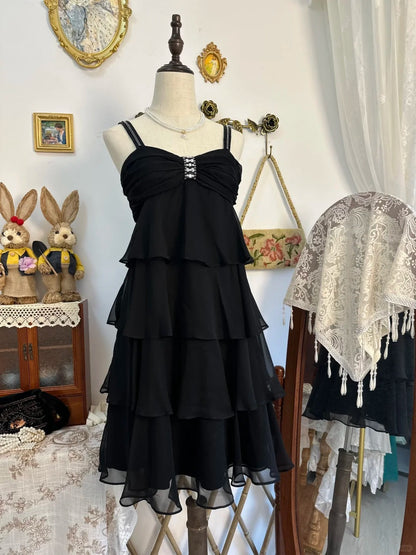 amakanas-Black ruffled vintage short chiffon homecoming dress birthday dress gh5217