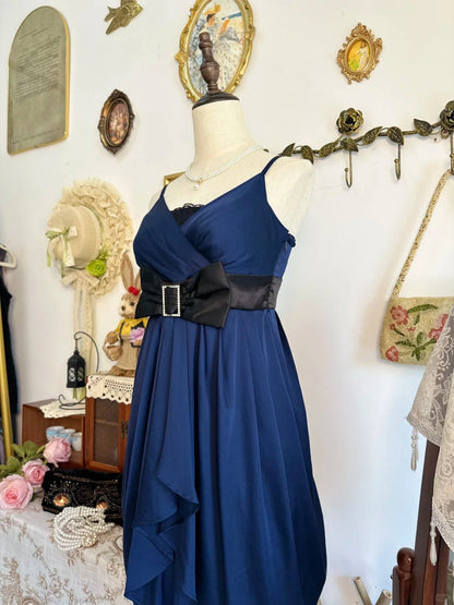 amakanas-Navy blue bow vintage short satin homecoming dress birthday dress gh5221