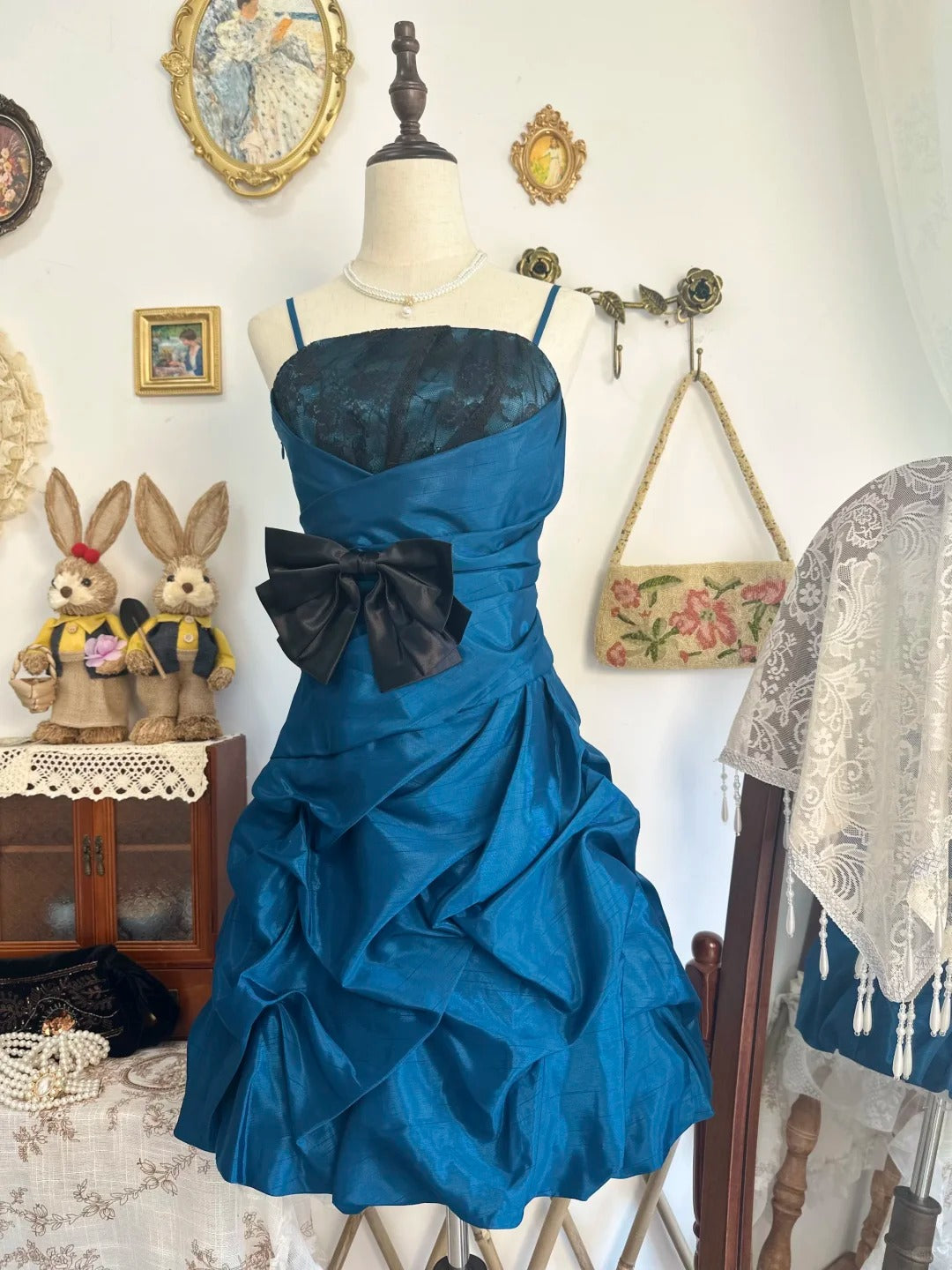 amakanas-Lake blue bud dress vintage short satin homecoming dress birthday dress gh5216