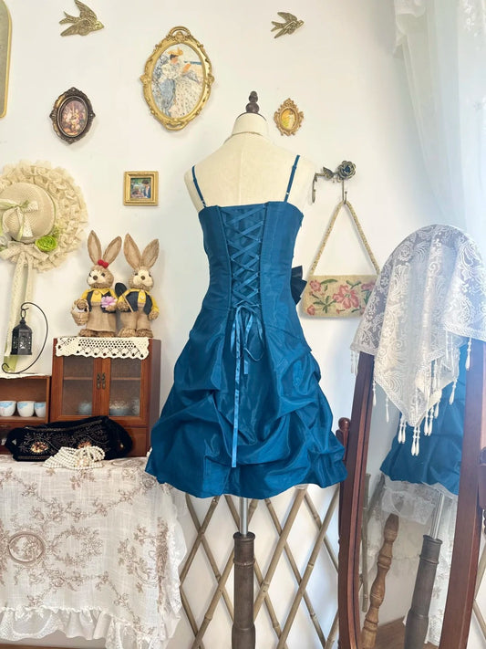 amakanas-Lake blue bud dress vintage short satin homecoming dress birthday dress gh5216