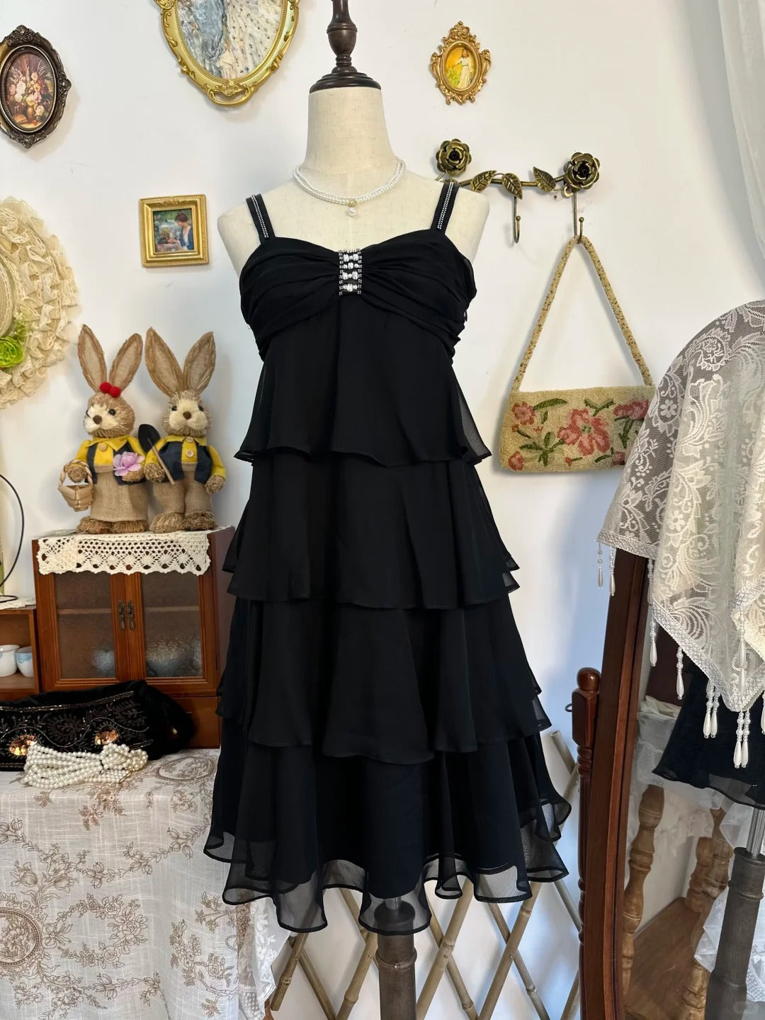 amakanas-Black ruffled vintage short chiffon homecoming dress birthday dress gh5217