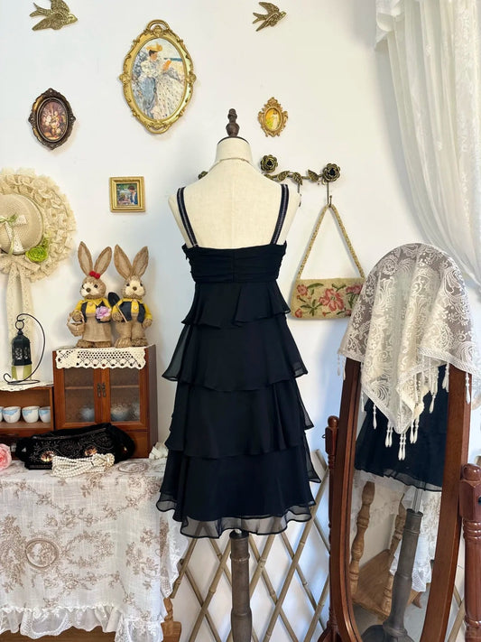 amakanas-Black ruffled vintage short chiffon homecoming dress birthday dress gh5217