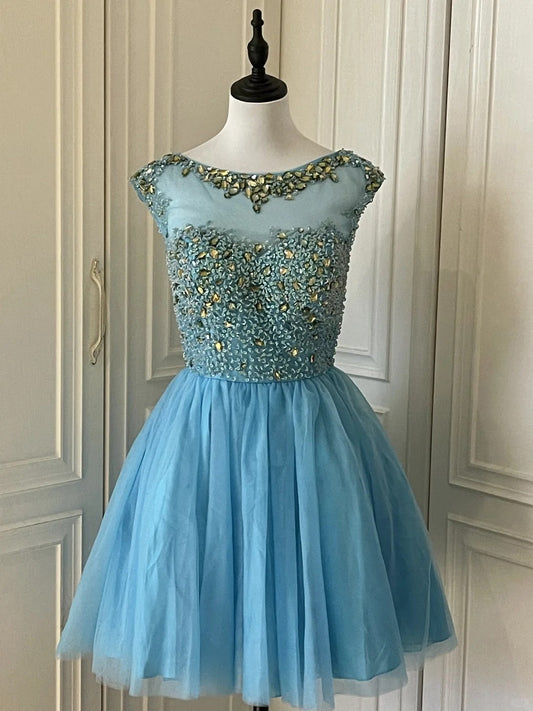Blue exquisite rhinestone fairy princess ball short homecoming dress prom dress evening dress gh4336
