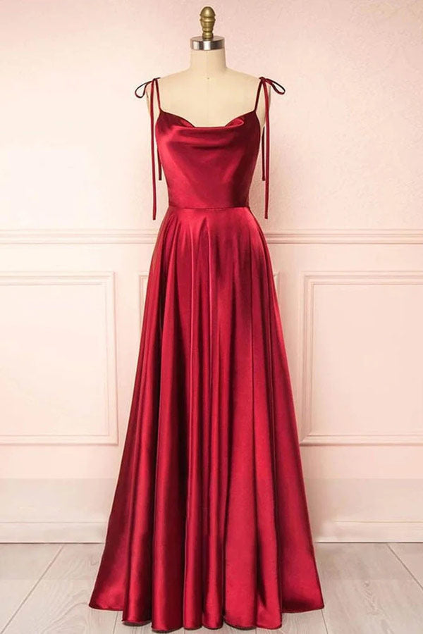 A-line Tie Shoulder Long Prom Dress,Satin Bridesmaid Dress,WB016