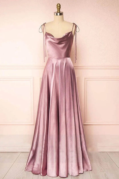 A-line Tie Shoulder Long Prom Dress,Satin Bridesmaid Dress,WB016