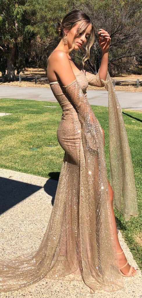Sparkly Strapless Gold Sequin Prom Dress With Slit,WP307