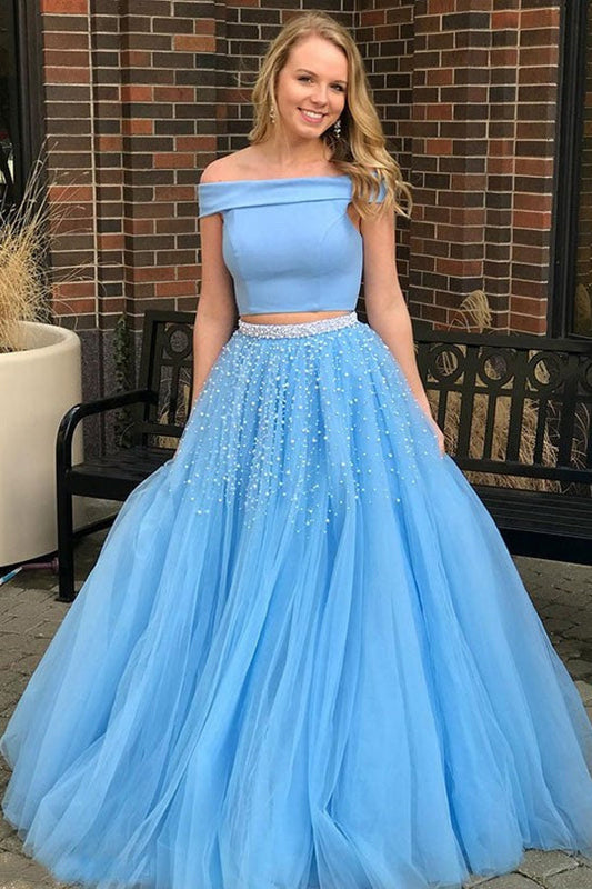 Two Piece Off The Shoulder Light Blue Prom Dress With Beading,WP278