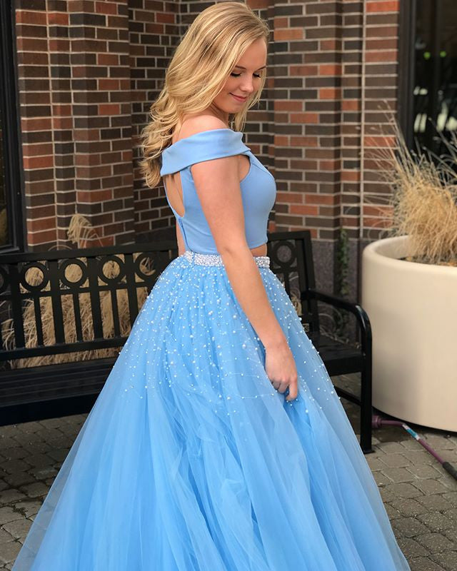 Two Piece Off The Shoulder Light Blue Prom Dress With Beading,WP278