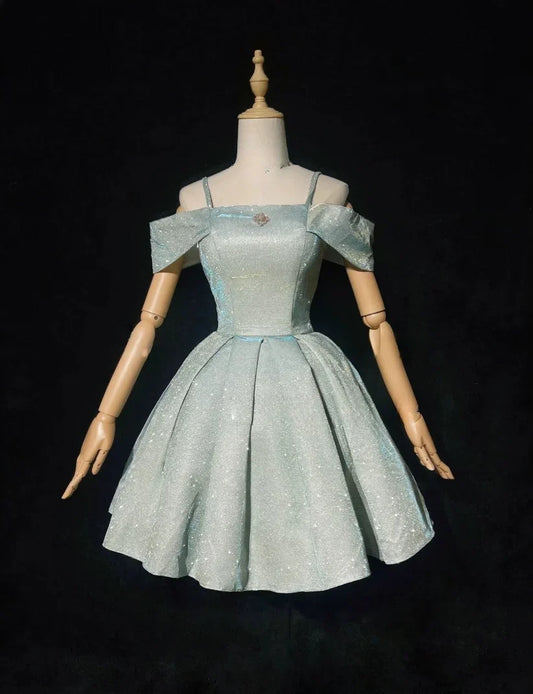 Sparkling Light Blue Sequin Spaghetti Strap Design A-line Satin Party Dress Homecoming Dress TP4094