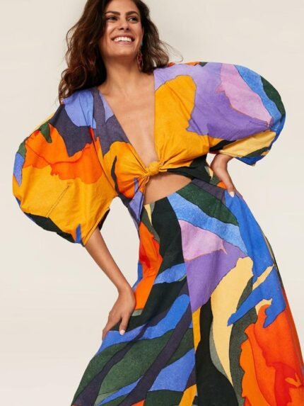 Chaya Printed V-neck Cut-out Flare Maxi Dress