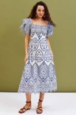 Della Embroidery Lace Ruffle Shirred Midi Dress