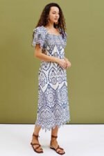 Della Embroidery Lace Ruffle Shirred Midi Dress - Image 2