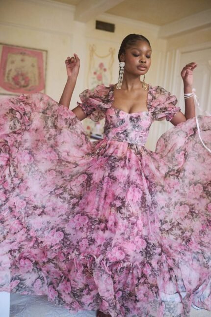 Dolly Printed Sweetheart Ruffle Maxi Dress