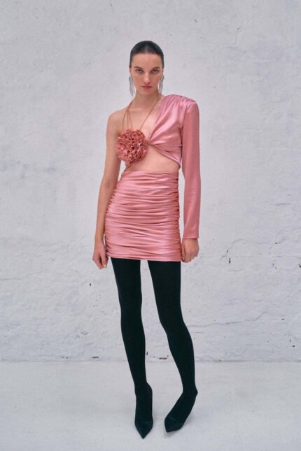 Dolores Flower Lace-up Gathered Mini Dress