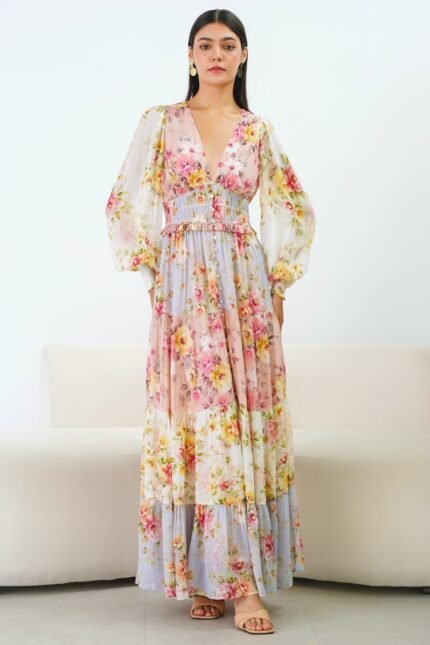 Elvira Printed Shirred V-neck Tiered Maxi Dress