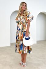 Erin Printed Shirred Bodice Flare Midi Dress - Image 3