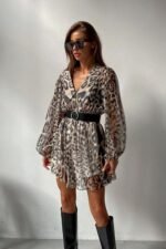 Gail Printed V-neck Belted Chiffon Mini Dress - Image 4