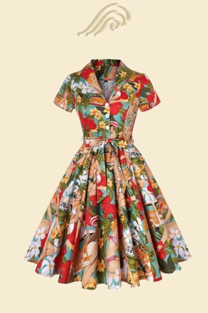 Helma Retro Printed Belted Cotton Shirt Midi Dress