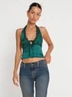 Kay Lace Trim Halter Satin Top - Image 9