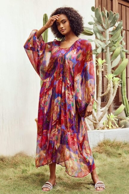 Sabrina Abstract Batwing Sleeve Midi Dress