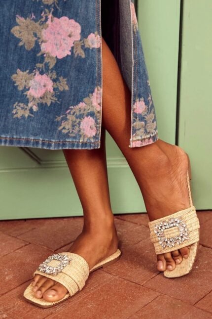 Sally Diamante Straw Slippers