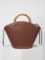 Simona Leather Bamboo Handle Lace-up Bucket Bag - Image 5