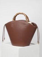 Simona Leather Bamboo Handle Lace-up Bucket Bag