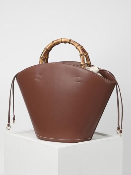 Simona Leather Bamboo Handle Lace-up Bucket Bag