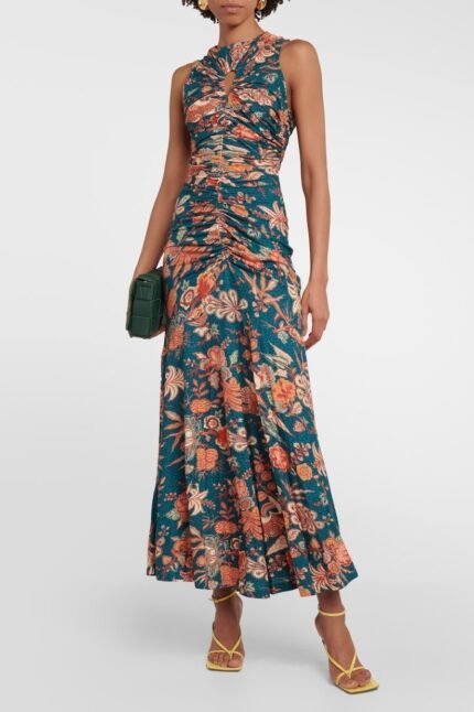 Wayne Printed Shirred Hollow Midi Dress